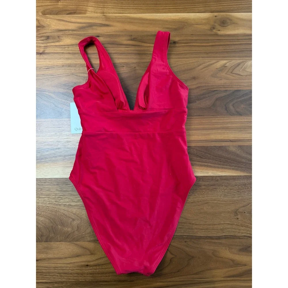 New Quince Italian Plunge One-Piece Swimsuit Red V Neck Thick Straps